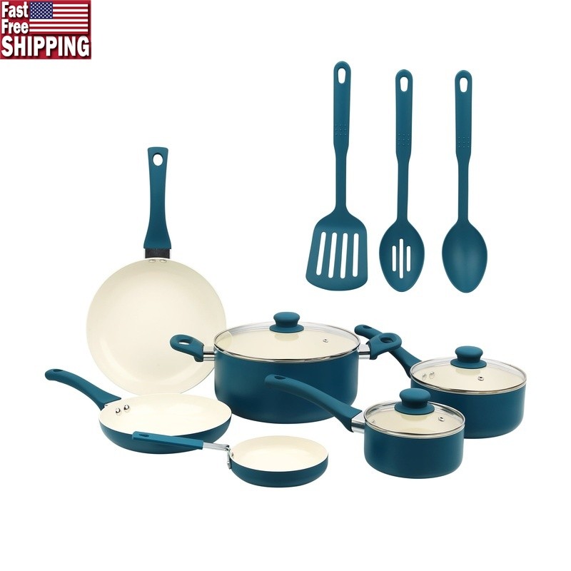 Ceramic Nonstick Cookware Set 12 Pieces Aluminum Heat Resistant Kitchen Utensils