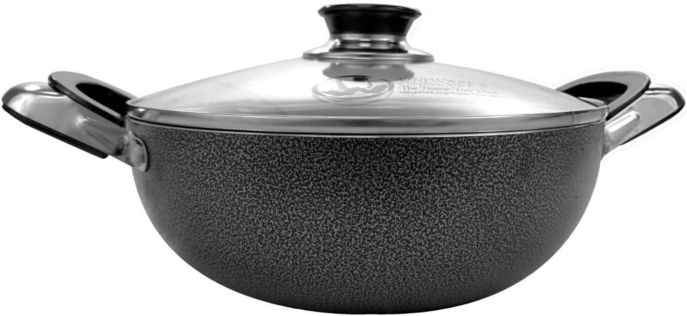 Uniware Non-Stick Aluminum Stock Pot With Glass Lid,Black (12.5 Inch)