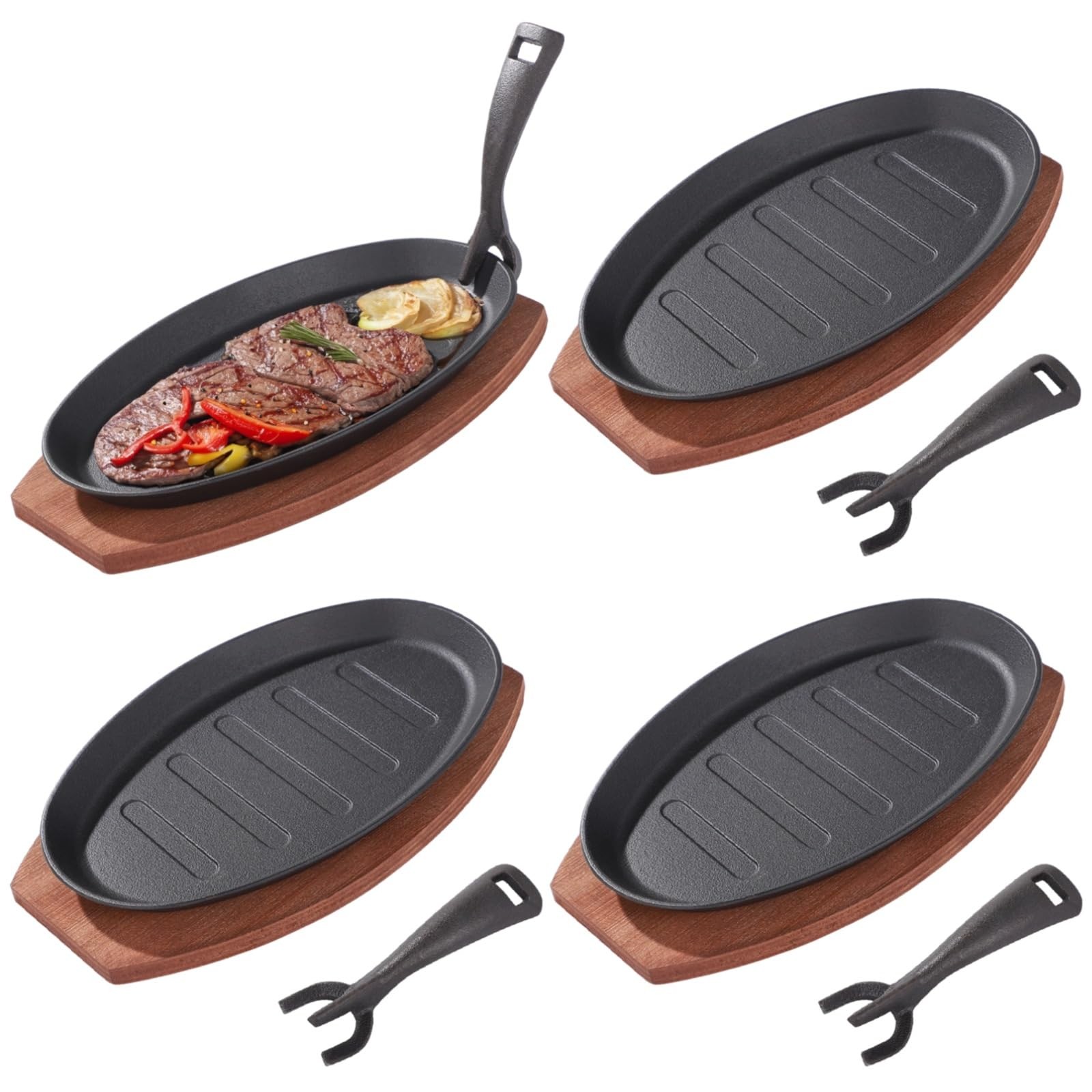 Toyosport 4 Sets Cast Iron Skillet with Wooden Tray, Fajita 4 pack, Black