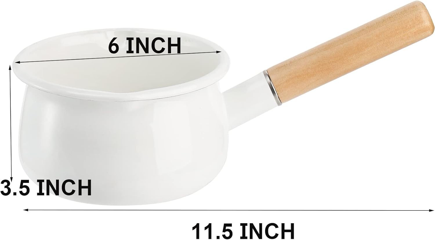 Jucoan 1 Quart Enamel Milk Pan White Dual Pour Spout Ergonomic Wooden Handle