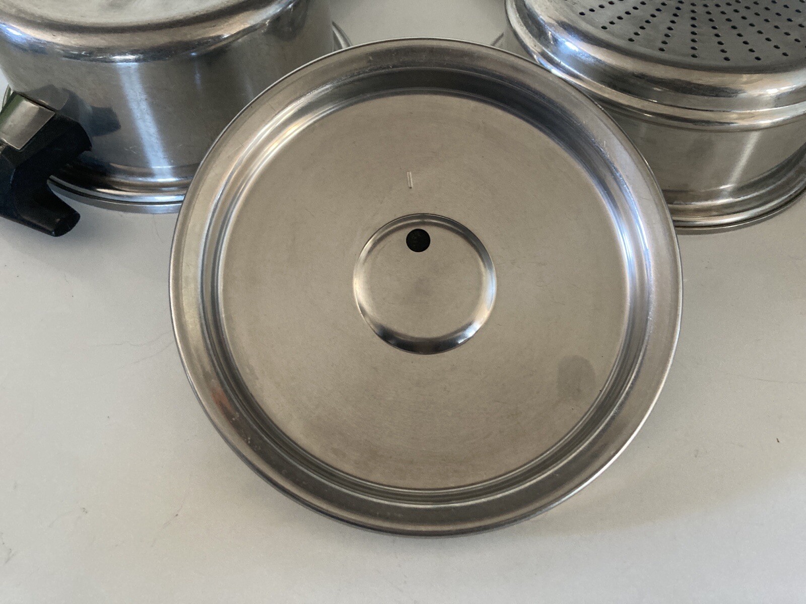 Vtg VACUMATIC 2qt SAUCEPAN w/STEAMER & VENT LID Surgical Stainless Steel 304 Flw