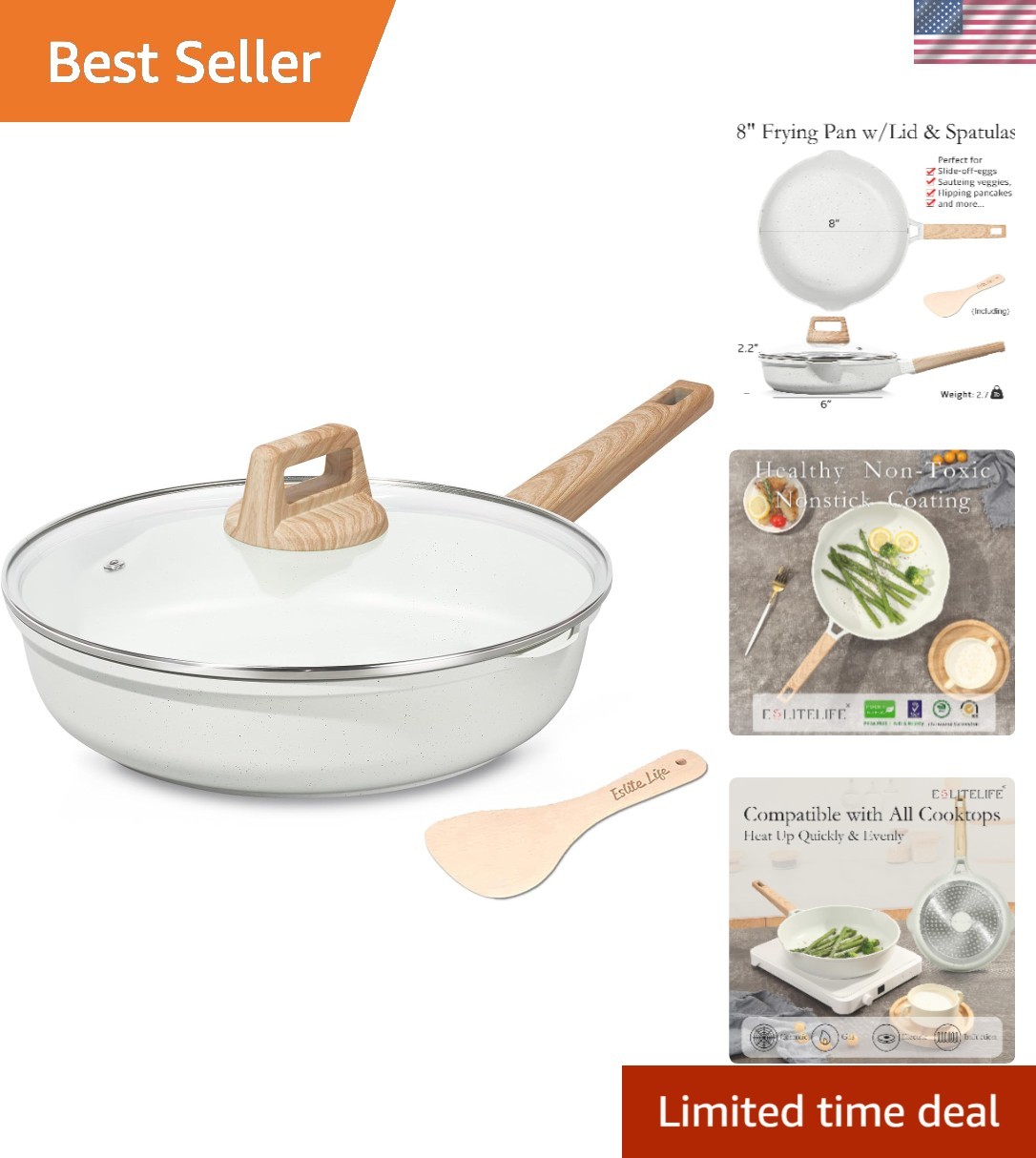 8″ White Non-Stick Frying Pan with Lid – PFOA & PTFE Free, All Stove Compatible