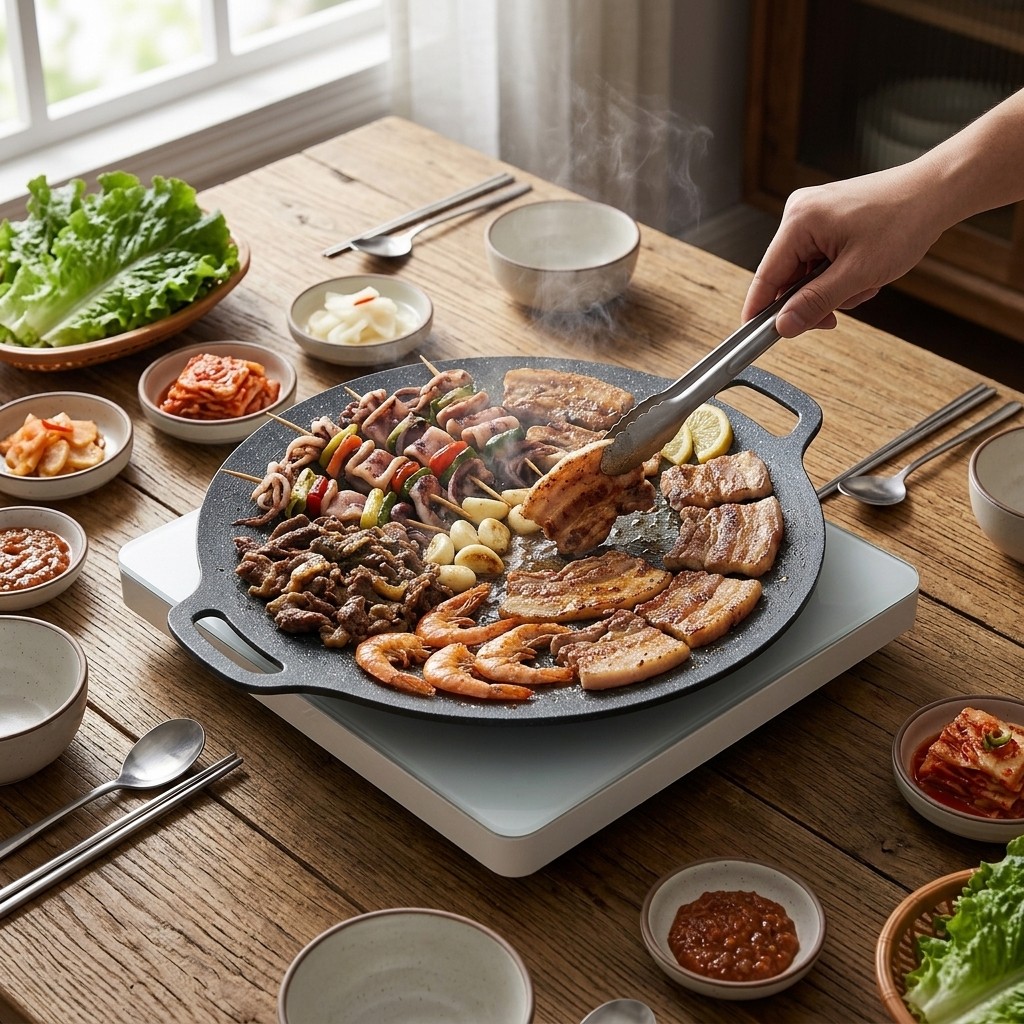 11 Inch Round Cast Iron Korean BBQ Griddle Pan Non-Stick with Handles