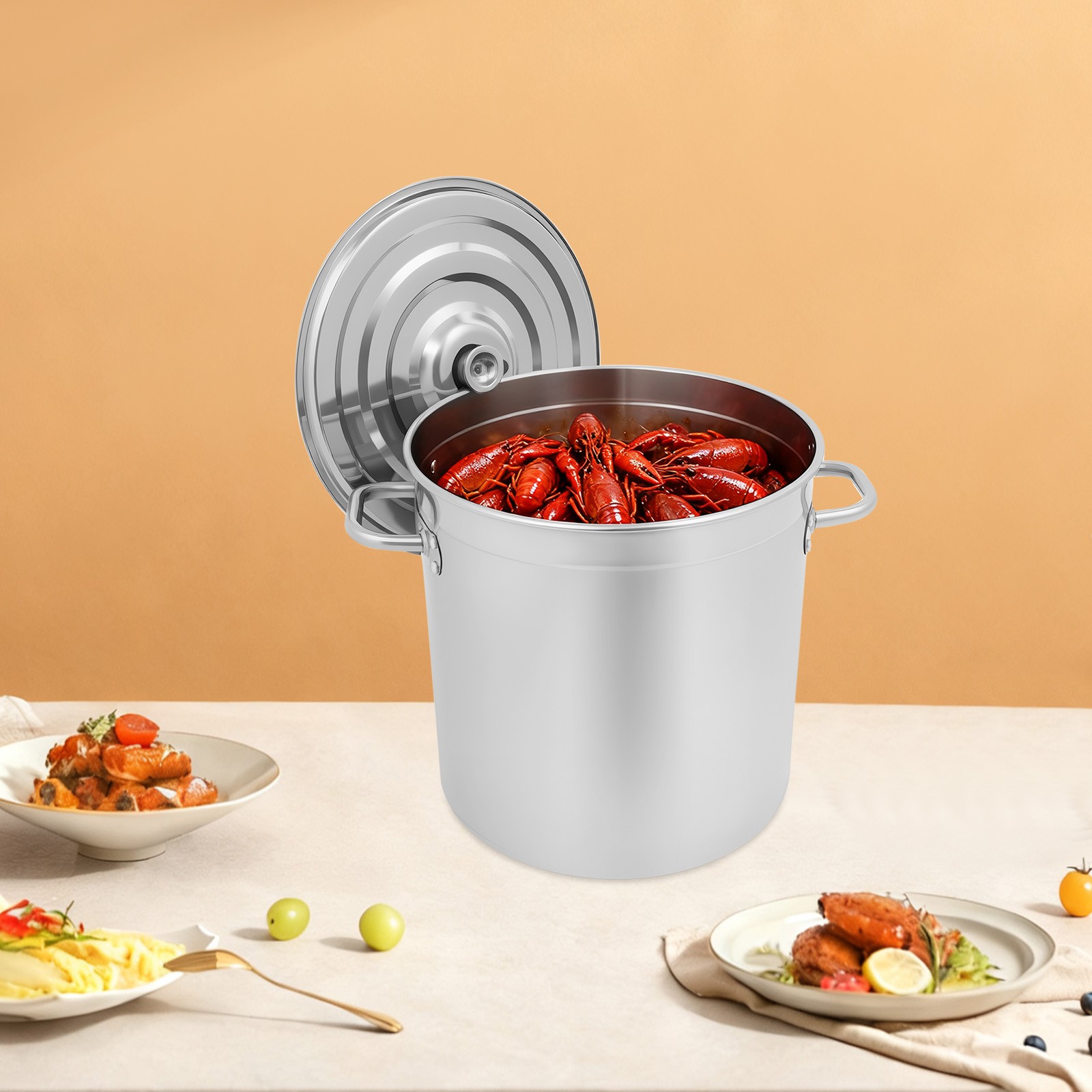 Silver 74L Stock Pot Stainless Steel Kitchen Soup Cooking Steaming Fryer Round