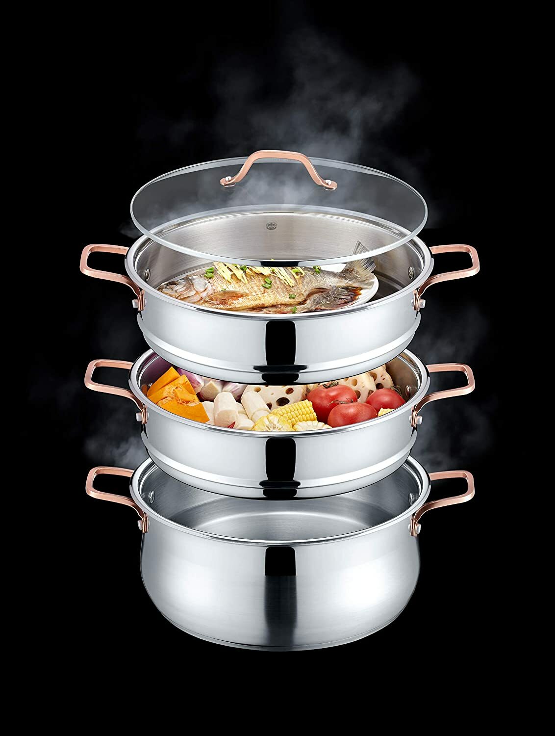 CONCORD Premium Stainless Steel Tier Steamer w/Rose Gold Handles 22cm
