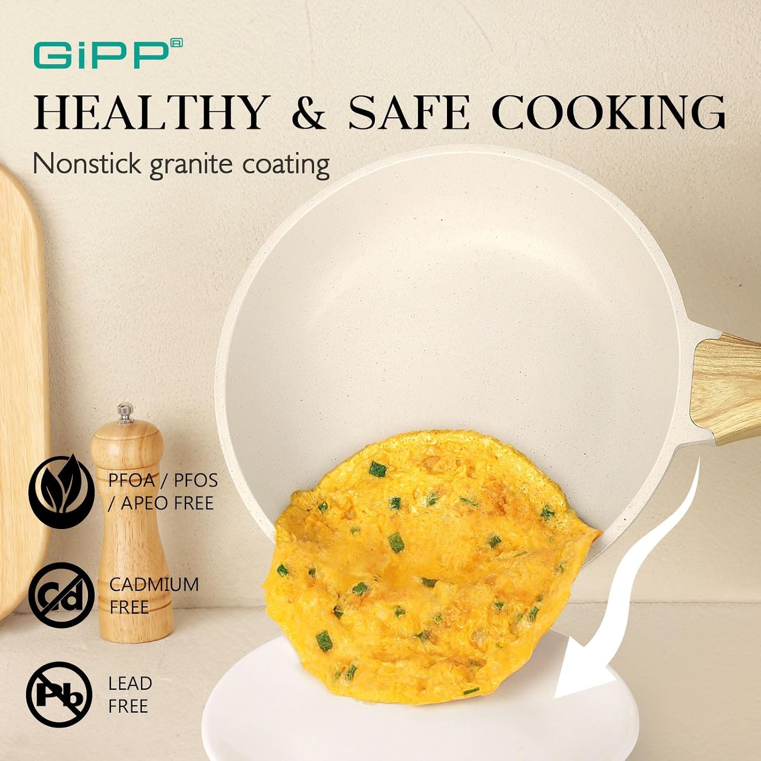 GiPP 14-Pc Nonstick Cookware Set, White Granite, Induction, PFOS/PFOA Free