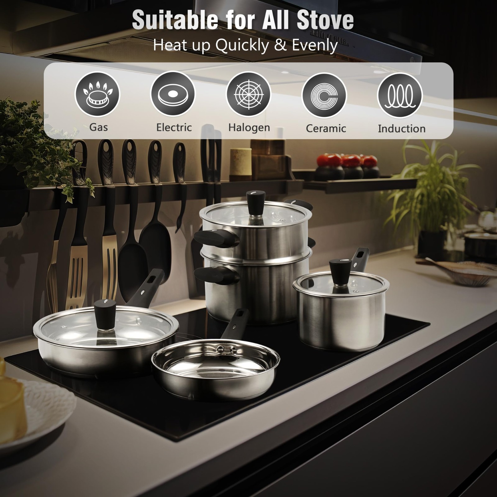 14-Piece Stainless Steel Cookware Set for Induction – Non-Toxic Pots, Glass Lids