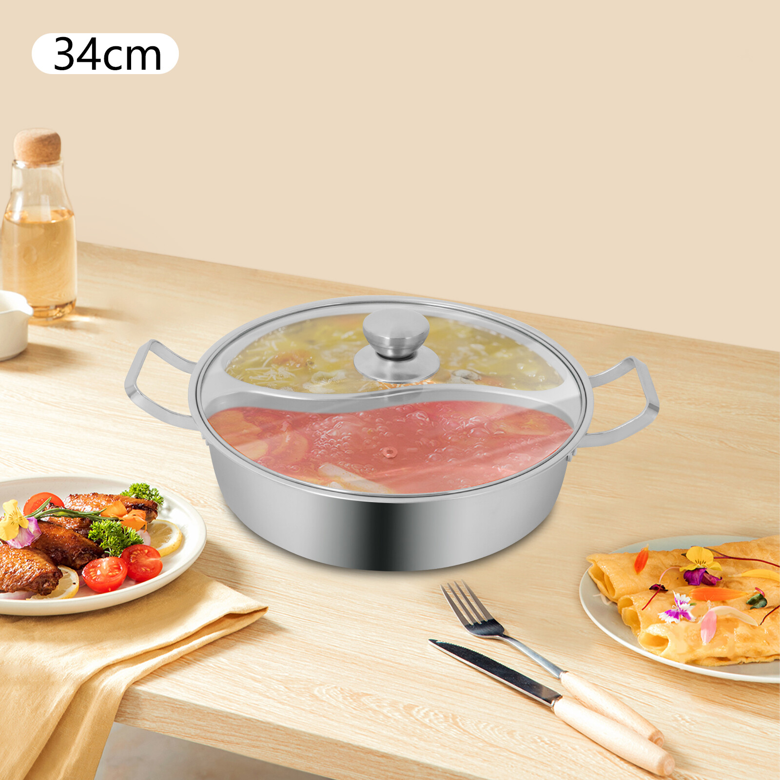 2-Compartment 7L (1.85 Gal) Stainless Steel Hot Pot with Divider & Glass Lid