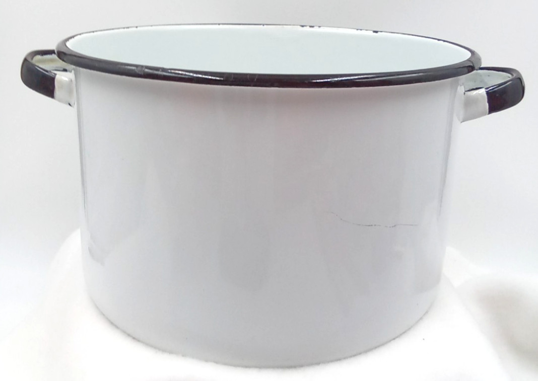 Enamelware Pot Bottom Only Cooking Handles White Black Metal Round Vintage 5″ T