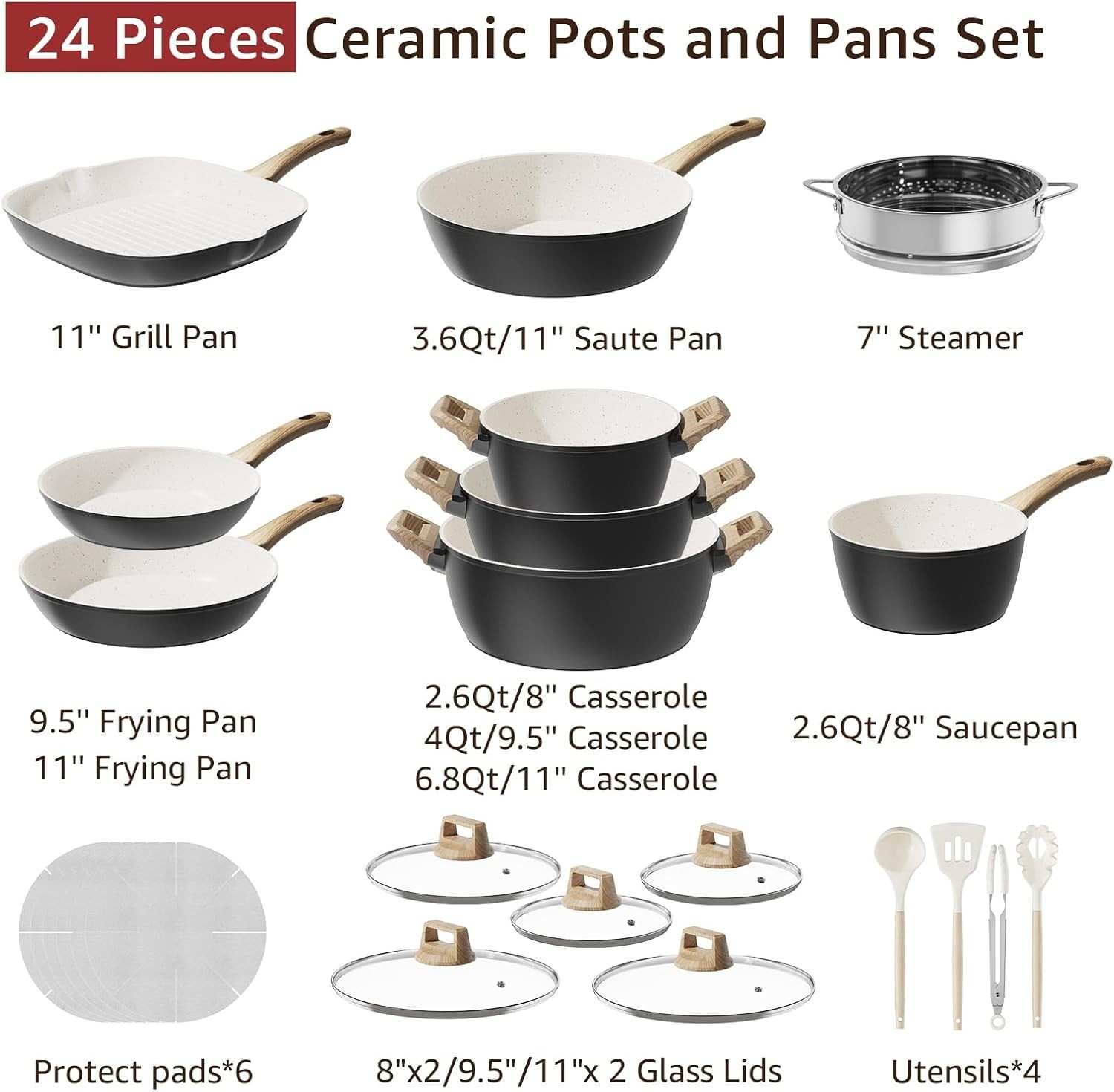 Bazova 24-Pcs Non-Toxic Cooking Set: Durable Ceramic & Titanium-Enhanced Design