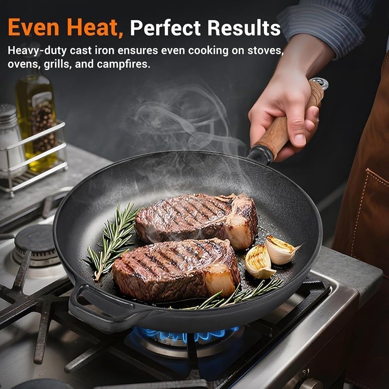 Cast Iron Skillet Nonstick W/ Glass Lid Detachable Handle Oven Safe Cooking Pan