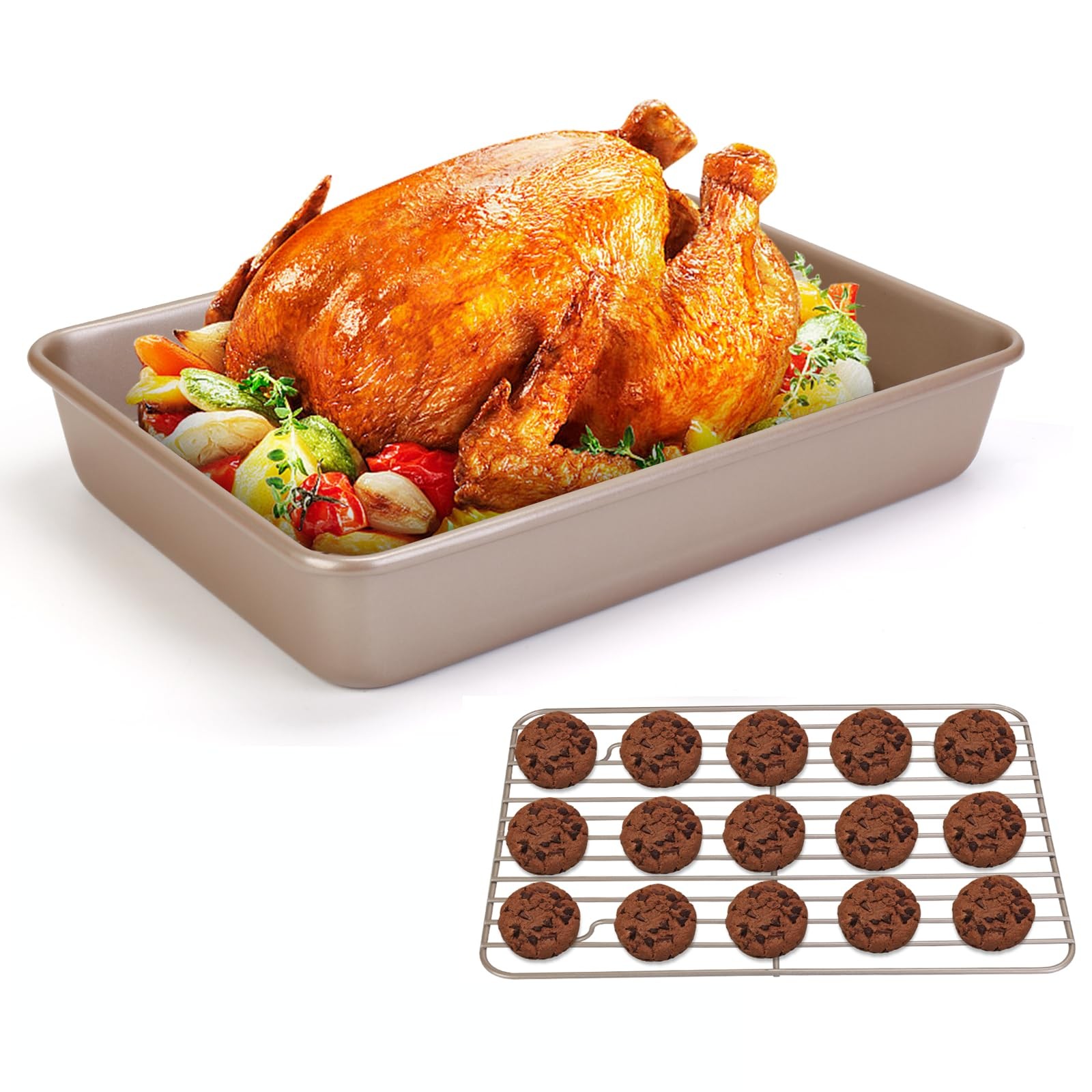 9x13Inch Roasting Pan with Rack, Thickened Nonstick Deep Rectangle Cake Pans,…
