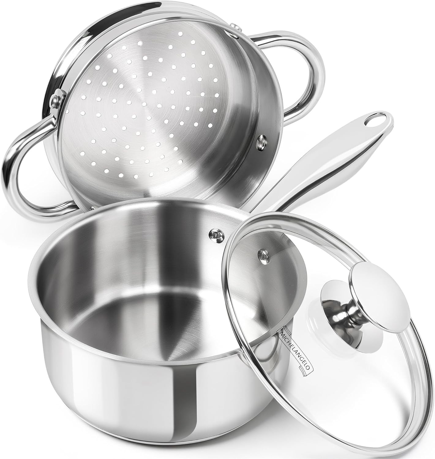 1.5 Quart Saucepan with Steamer, Stainless Steel Saucepan with Lid, Triply