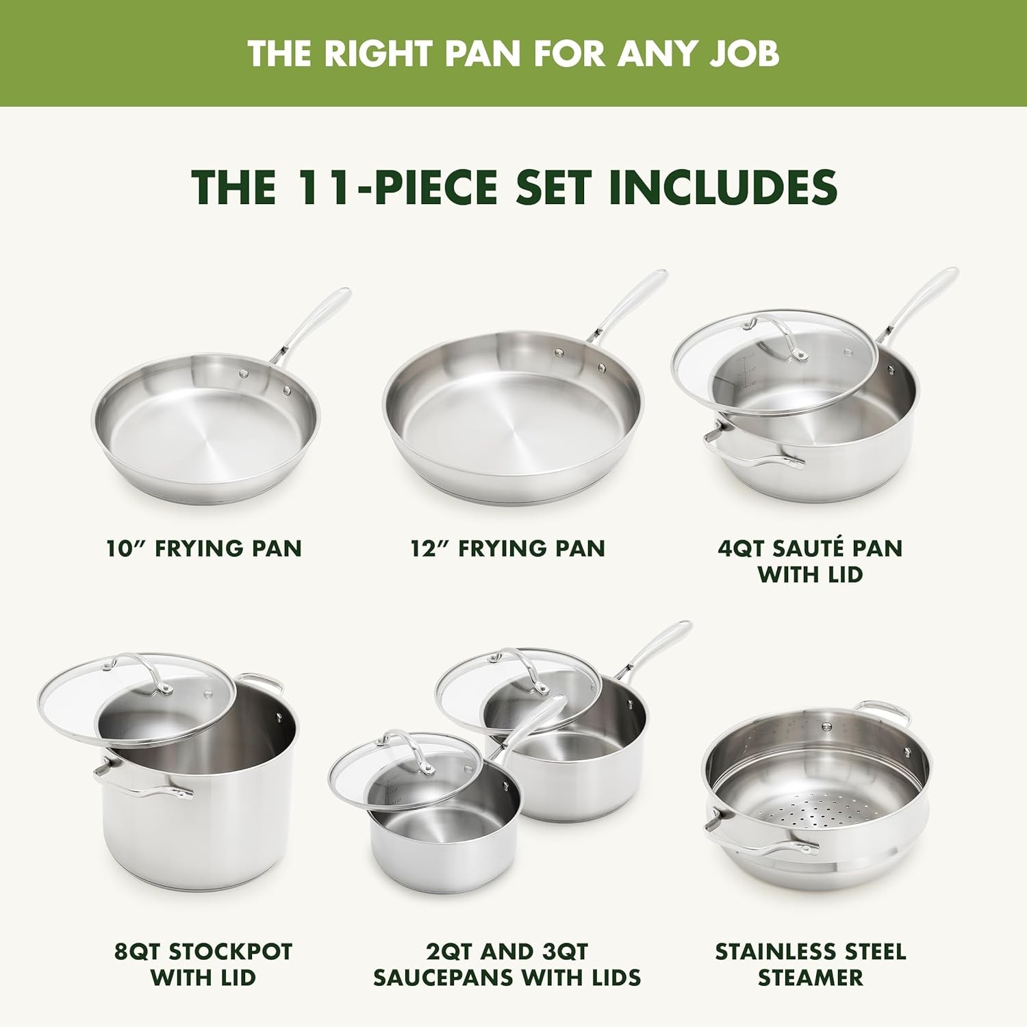 GreenPan Stainless Steel Cookware Set, 11 Piece, Induction Cookware, Dishwasher