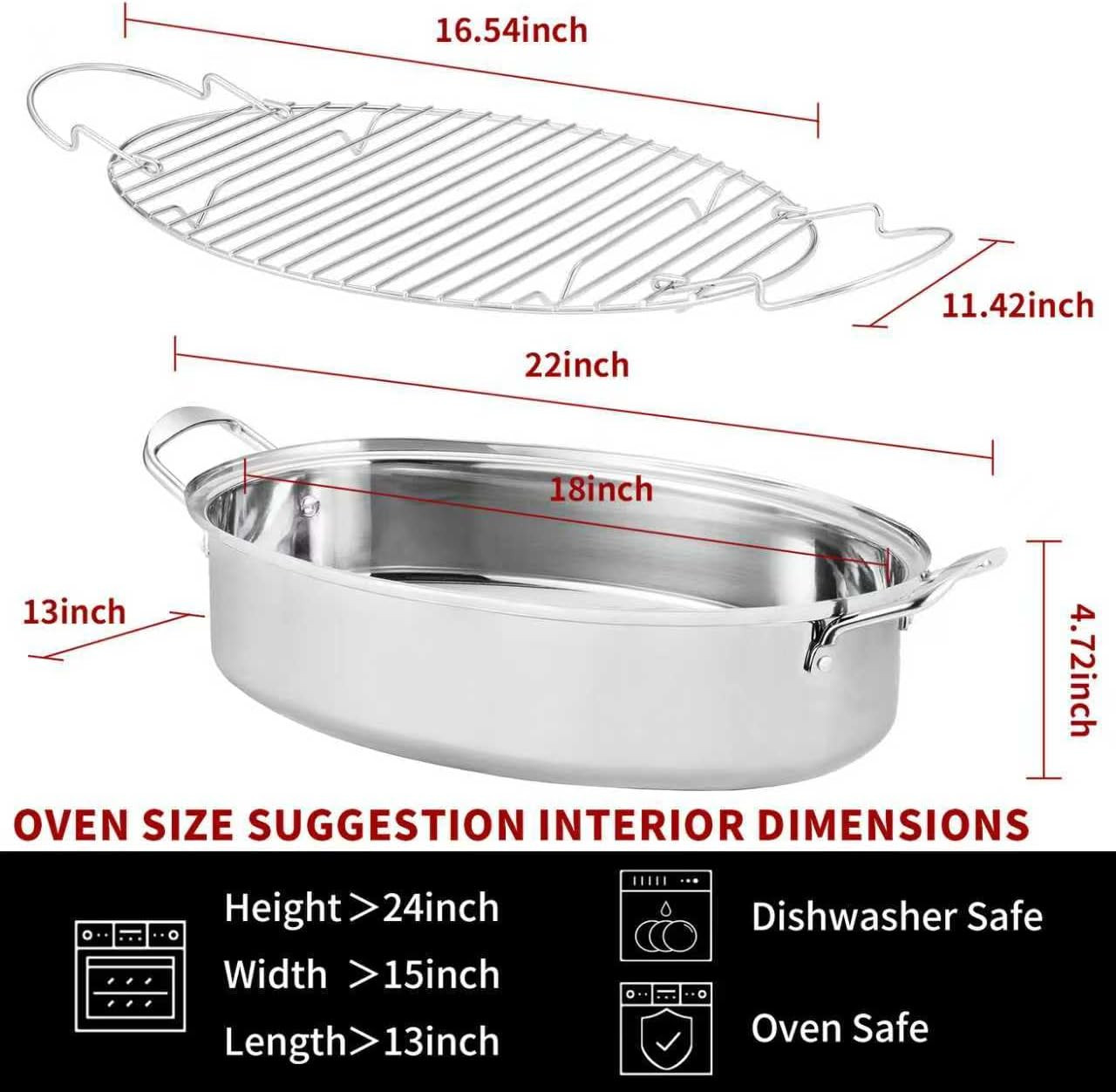 22-Inch Stainless Steel Roasting Pan with Rack & Lid – Dishwasher Safe
