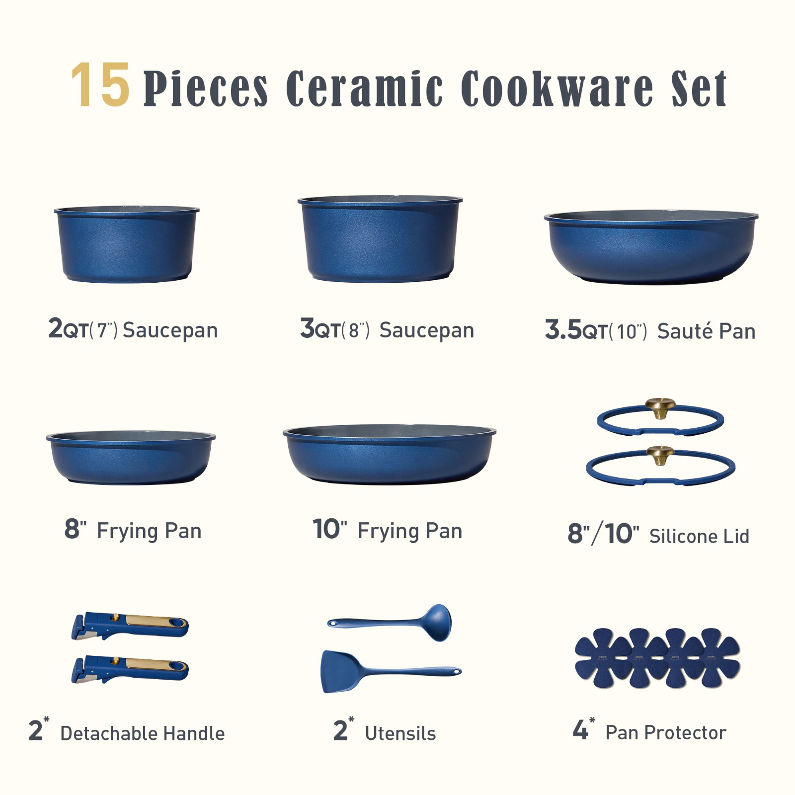 15‑Pc Ceramic Nonstick Cookware Set – Detachable Handles