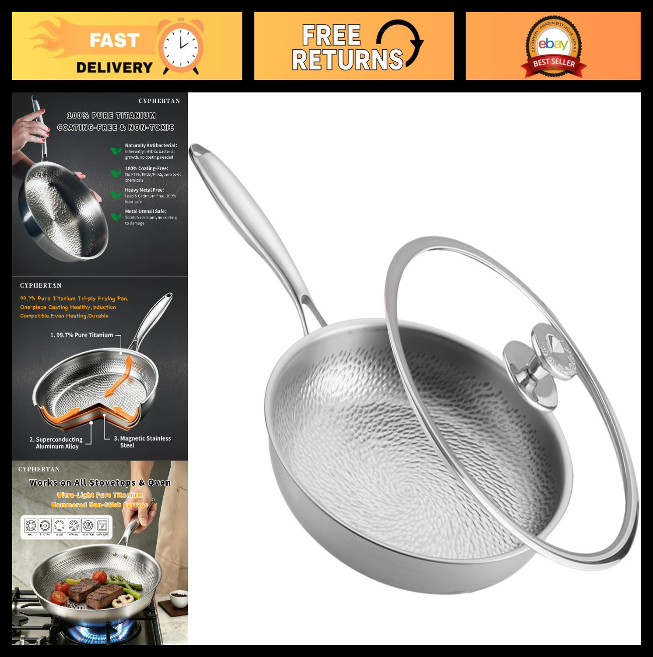 11″ Titanium Frying Pan with Lid – Uncoated Hammered Skillet, Scratch-Resistant,