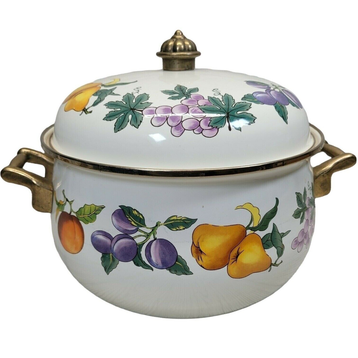 Tabletops Unlimited Essence Dutch Oven White Fruit Enamel Brass Handles Lid