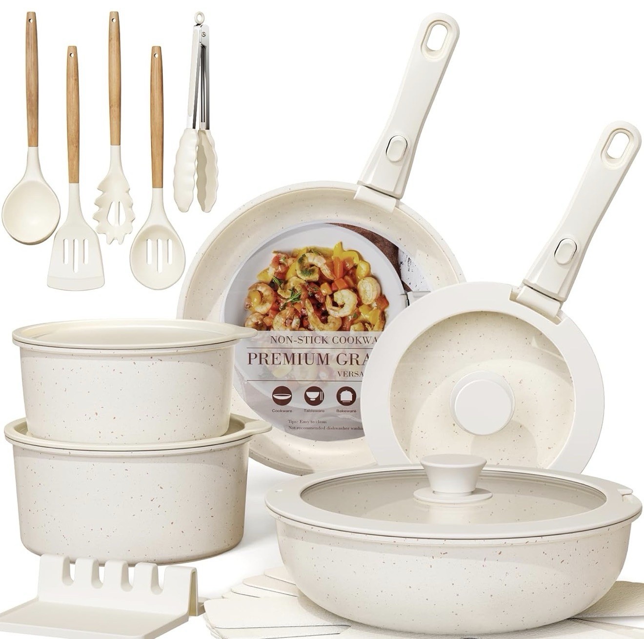 Astercook 11Pc Nonstick Cookware Set Detachable Handle Cream New