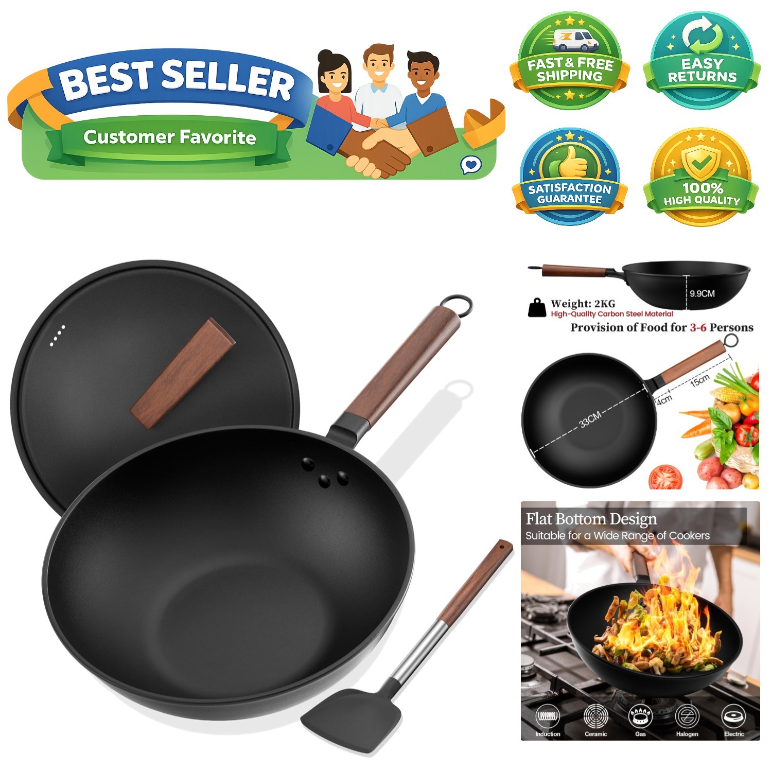 Carbon Steel Wok, 13-Inch, Pre-Seasoned, Non-Stick, with Lid and Spatula, Fla…
