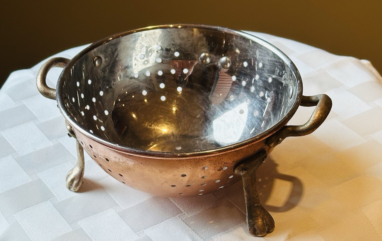 Vtg Mini Copper over Stainless Colander w/ Brass Handles 5” Dia. x 2.5” High