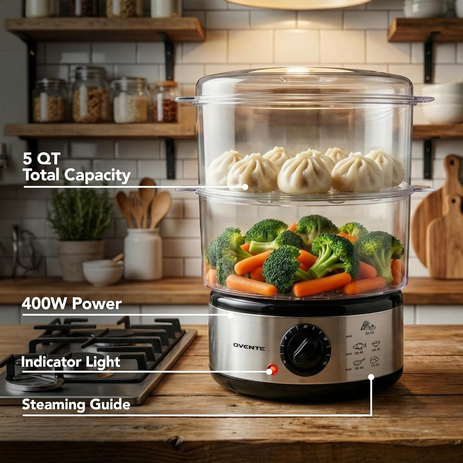 2 Tier Electric Food Steamer Cooker Healthy Vegetable Steaming 5 Quart Stackable