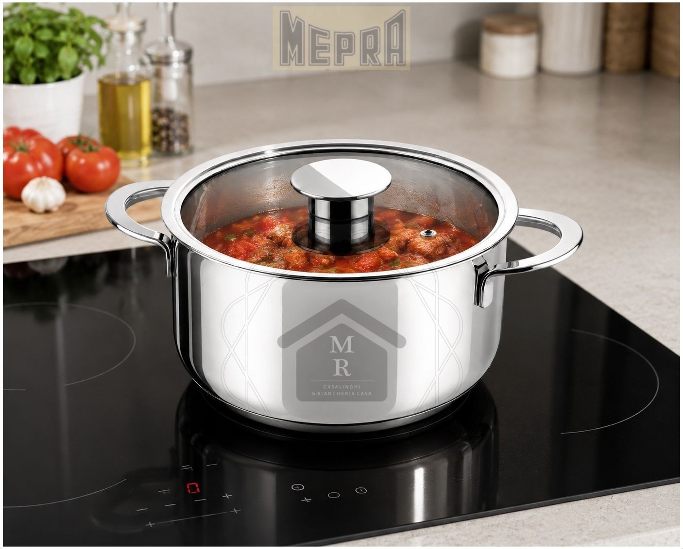 Stainless Steel Casserole Induction Bottom with Lid Pyrex Gourmet Line Mepra