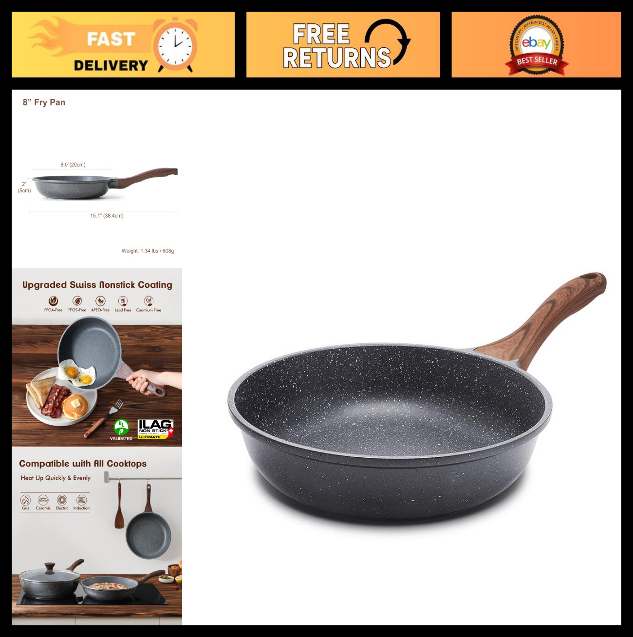 Nonstick Frying Pan Skillet with Swiss Granite Coating, PFOA Free, 8-12.5 Inch