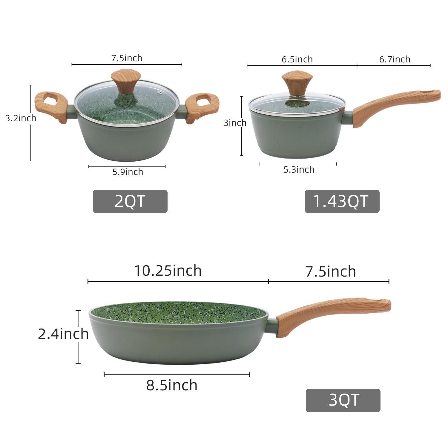 3-Piece Nonstick Cookware Set,10.25 Inch Frying Pan + 1.43QT & 2.2QT Saucepot…