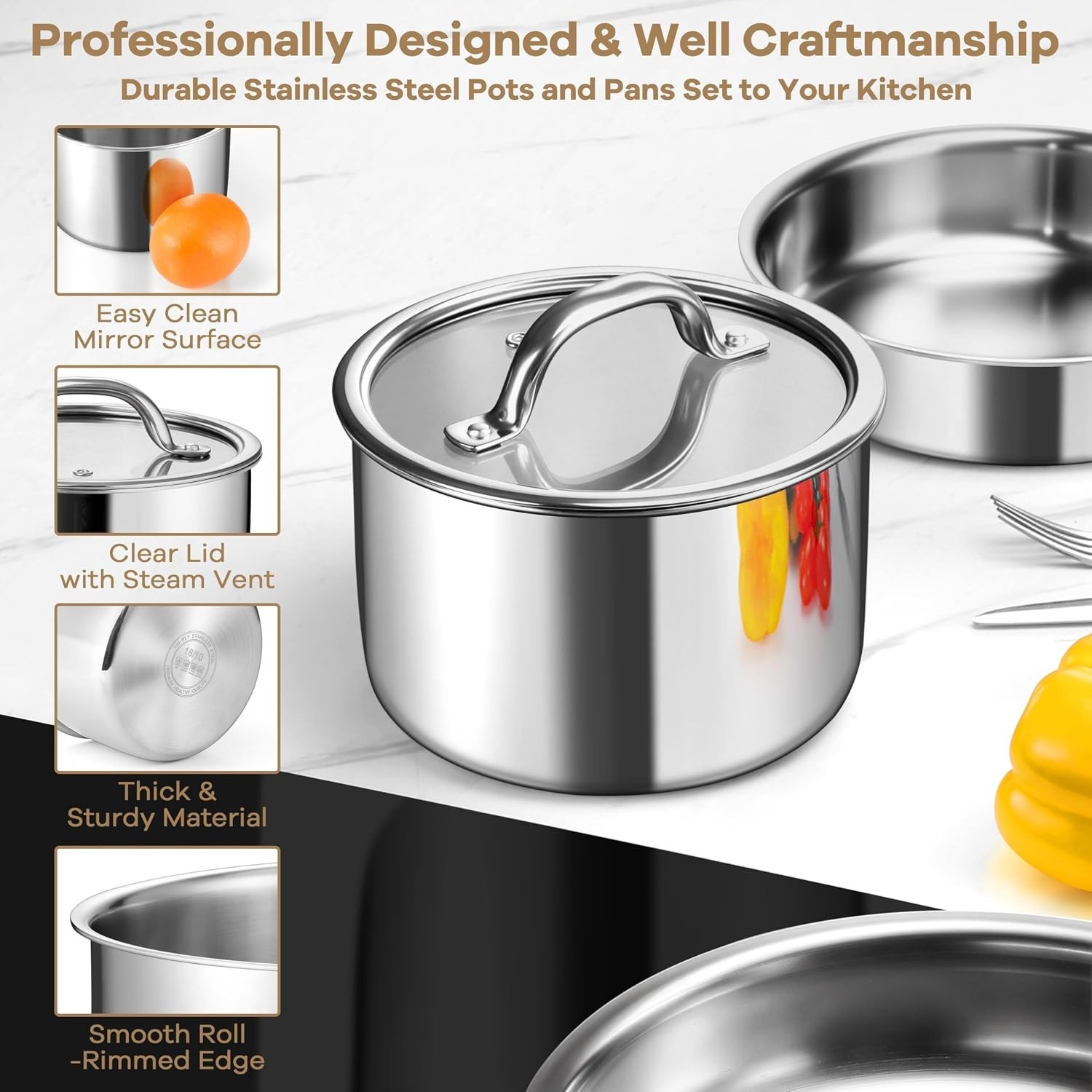 9-Piece Non-Toxic Stainless Steel Cookware Set for Induction & RV Use