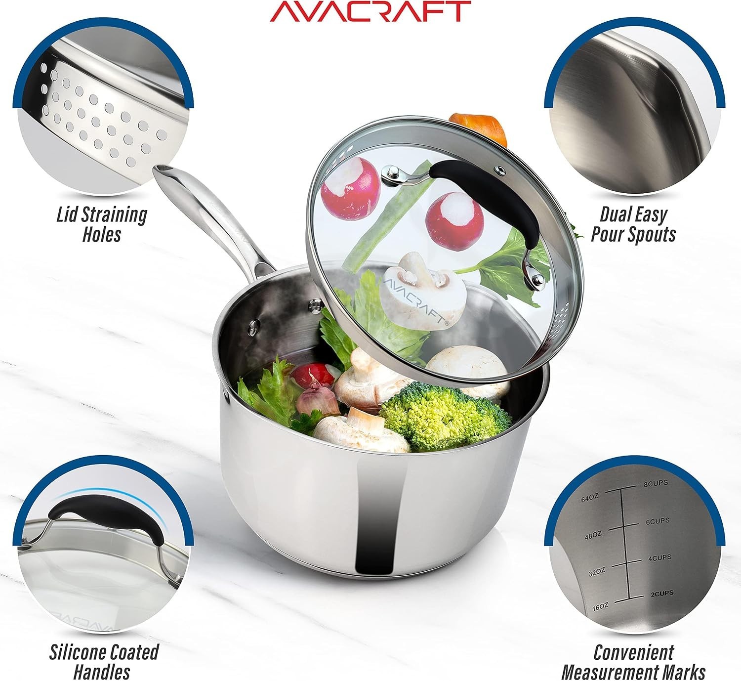 Durable Stainless Steel Saucepan with Strainer Lid