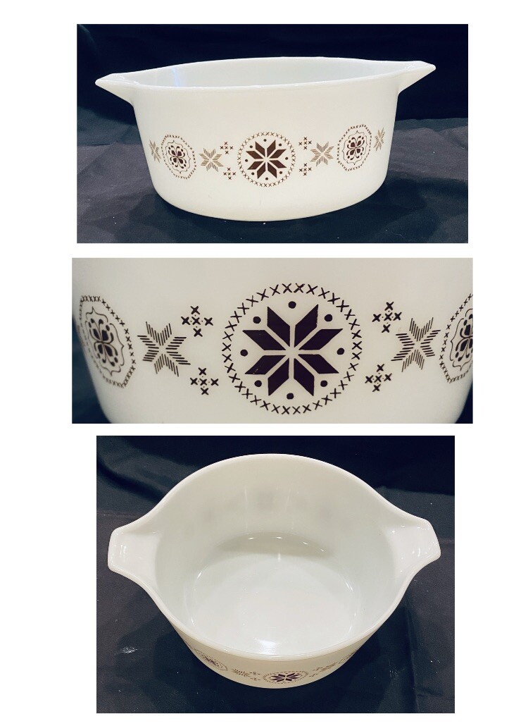 VINTAGE Pyrex Casserole 8-Cup BROWN DESIGN PATTERN 9″ Diameter x 4″ Deep EC