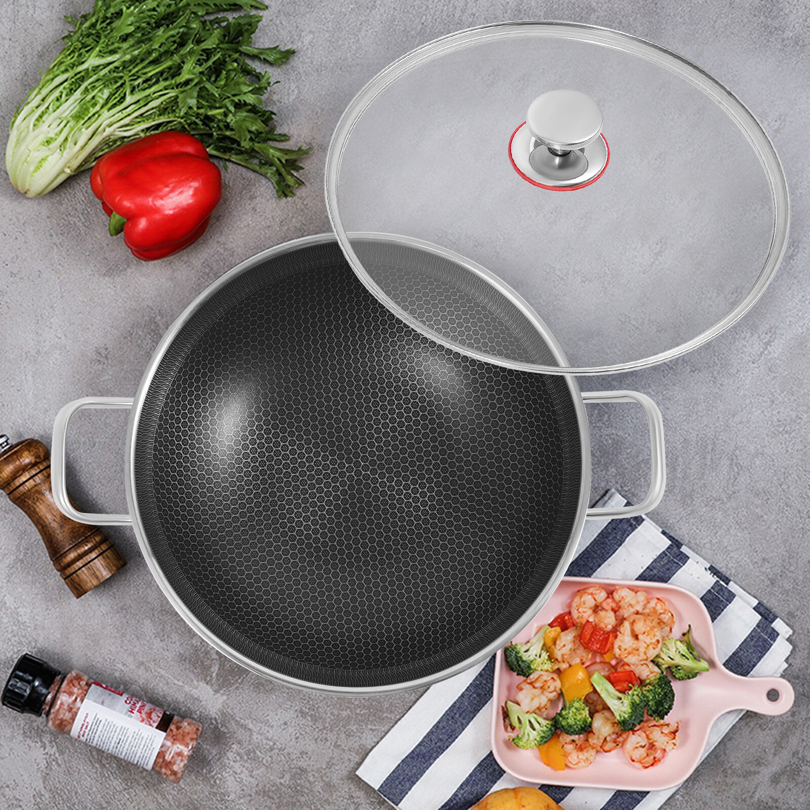 Skillet With Lid 13.19in Non Stick Paella Pan Stainless Steel Frying/Cooking Pan