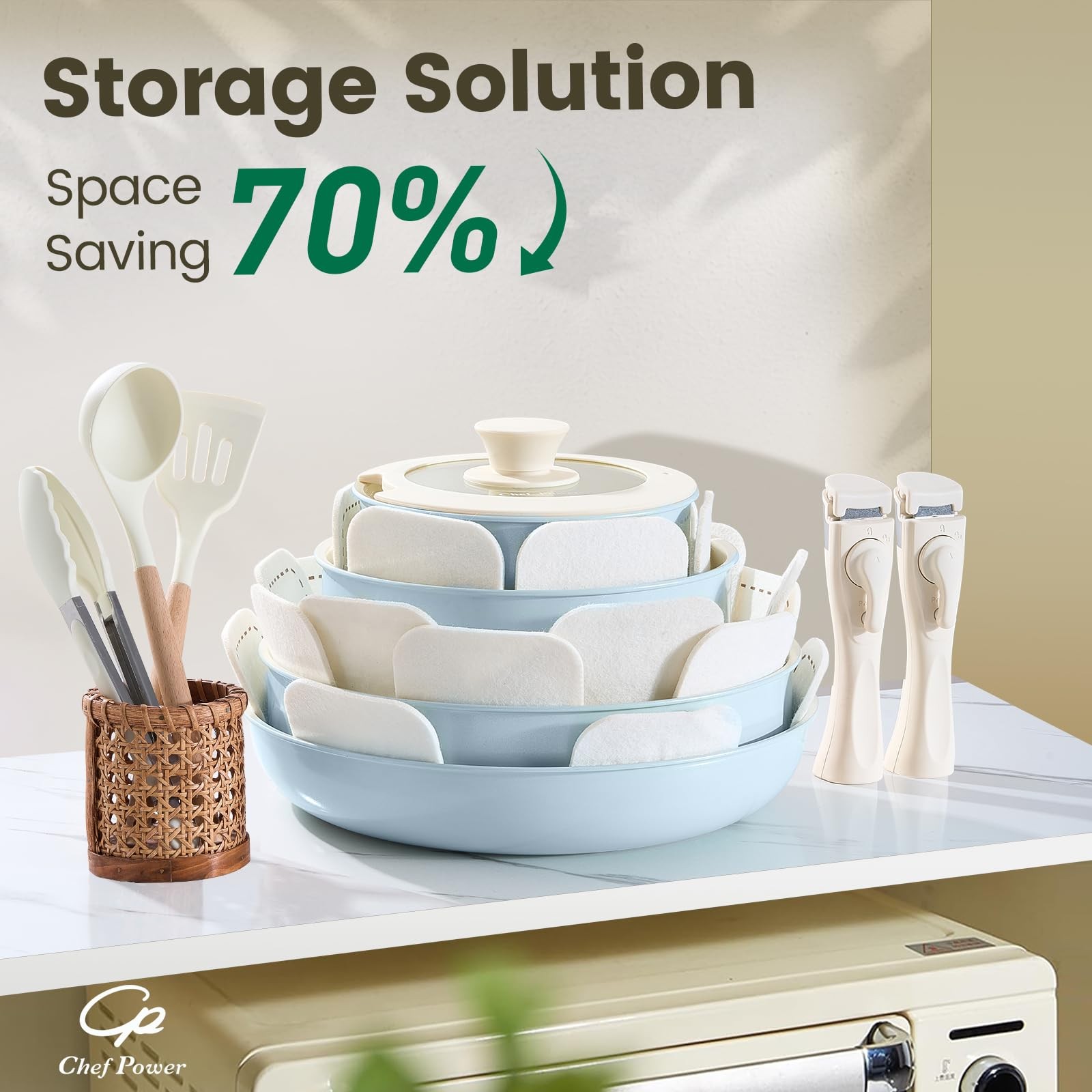 Chef Power Ceramic Nonstick Pots and Pans Set 19 Piece 19 Pcs Set, Light Blue