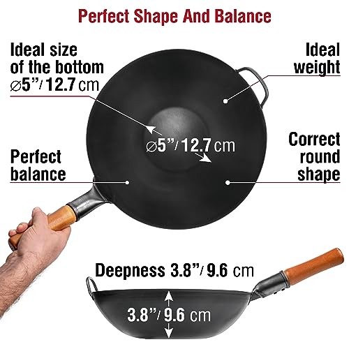 Flat Bottom Carbon Steel Wok 13.5in Pre Seasoned
