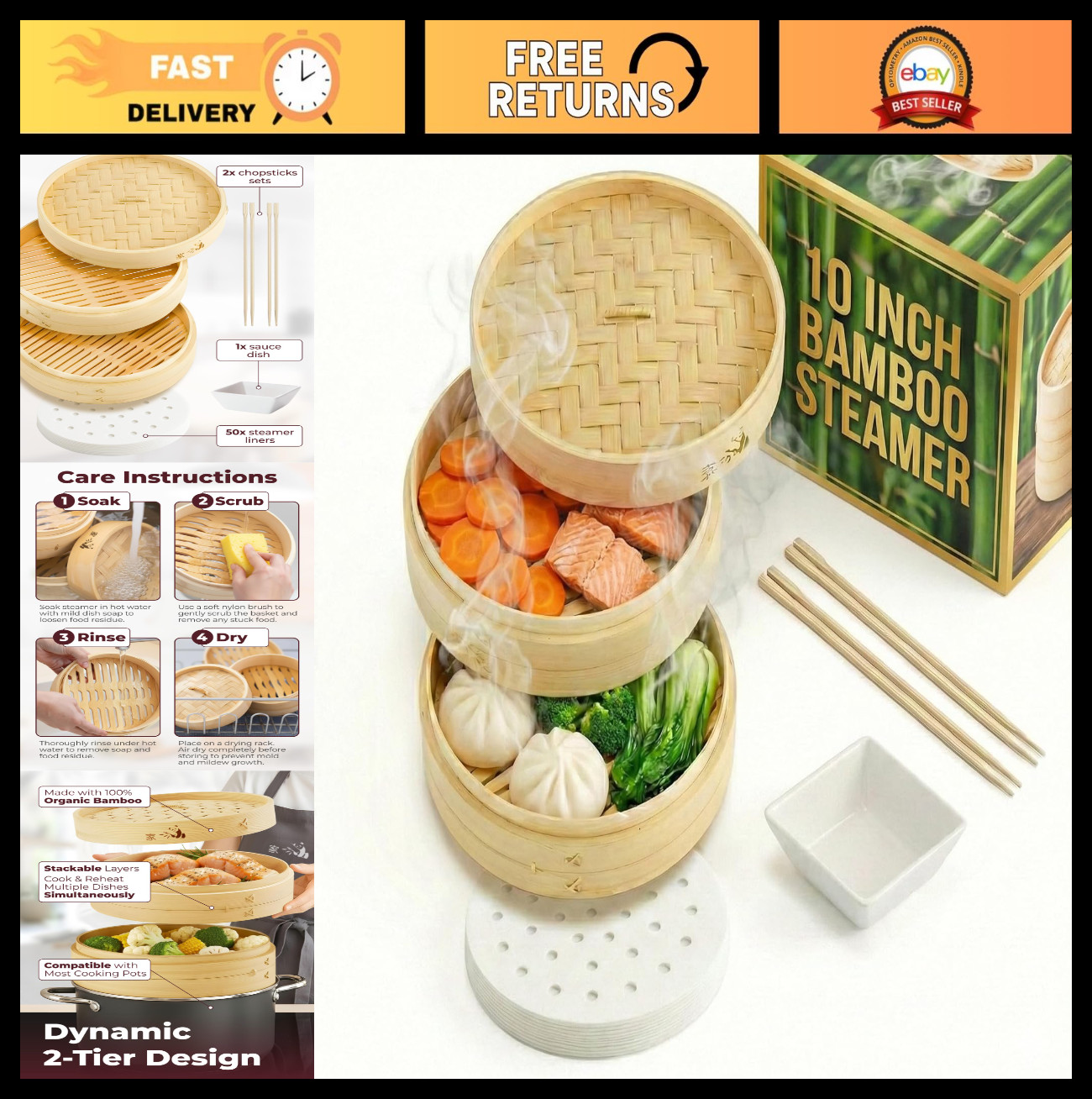 10-Inch Bamboo Steamer Basket | 2-Tier Cooking Steamer with 50 Liners, Chopstick