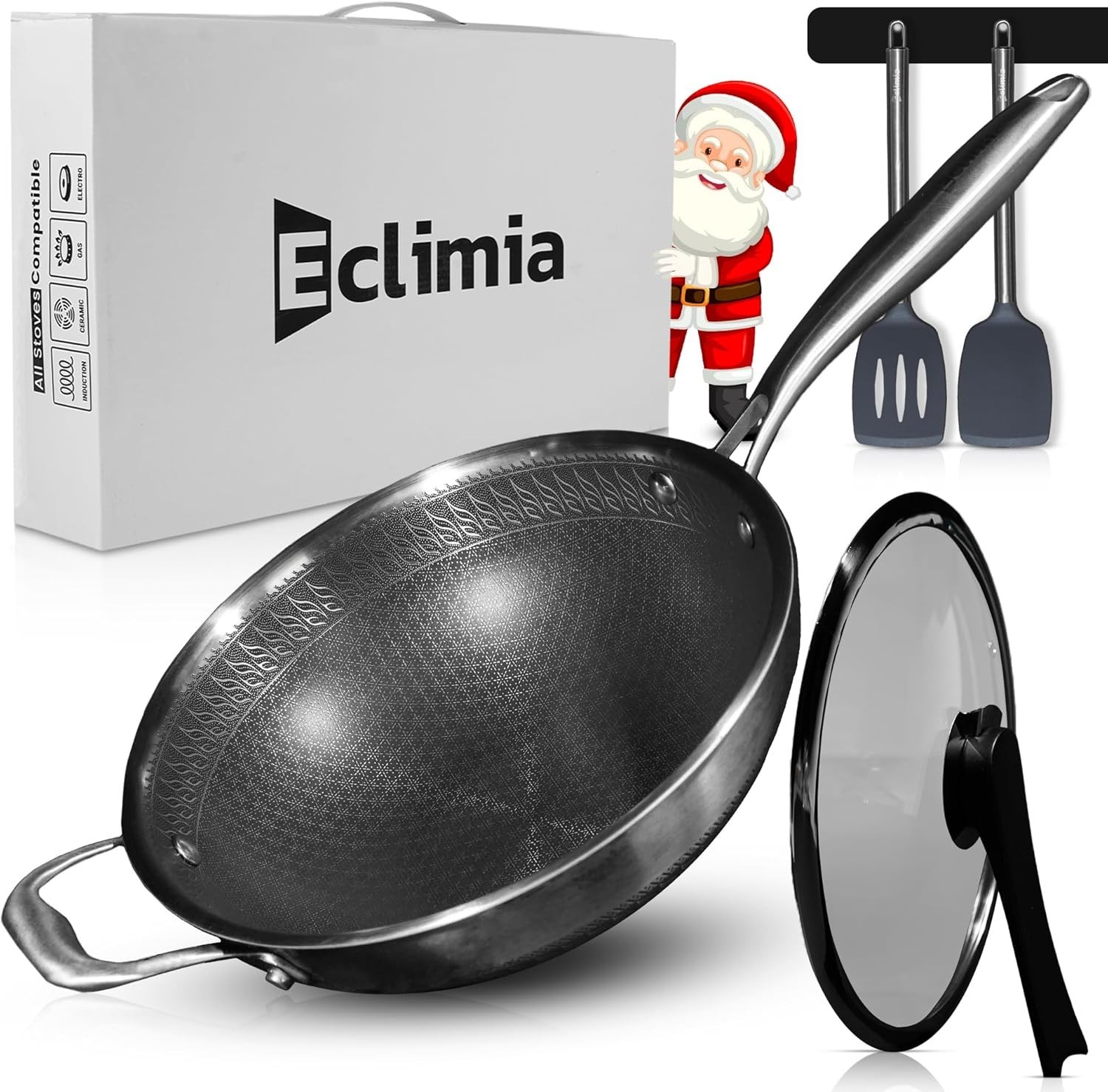 Honeycomb Wok Pan w/ Lid, Multi-Ply Woks & Stir-Fry Pan w/ Lid & 2 Spatulas 9.5″