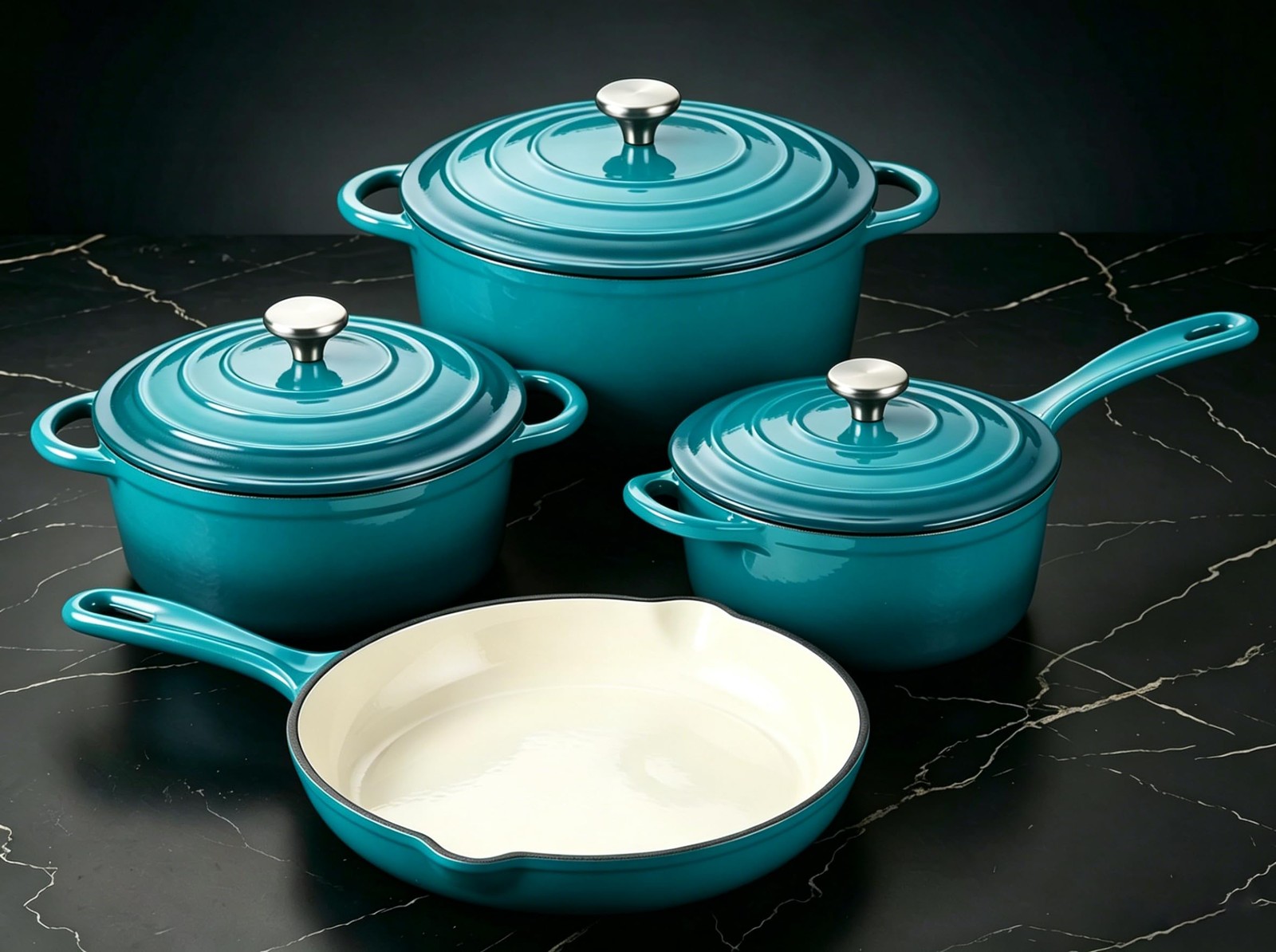 Enameled Cast Iron Cookware Set, 4-Piece Pots and Pans Set with Lids, 10.25″ …