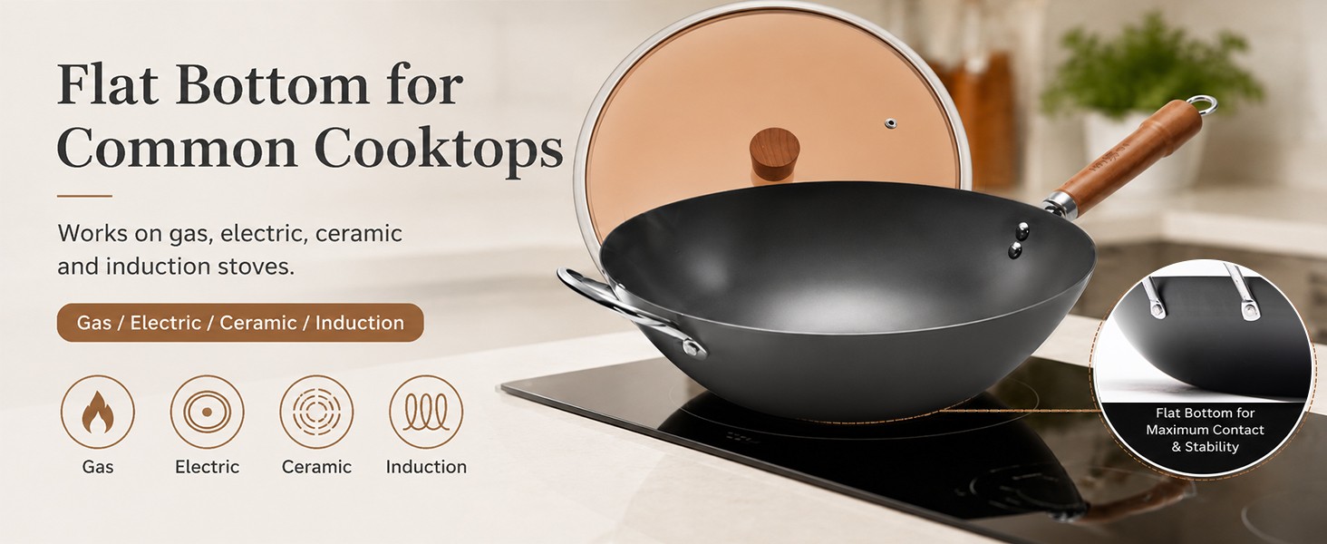 Carbon Steel Wok with Lid, 12.6 Inch Flat Bottom Wok Pan, Uncoated Stir Fry Pan