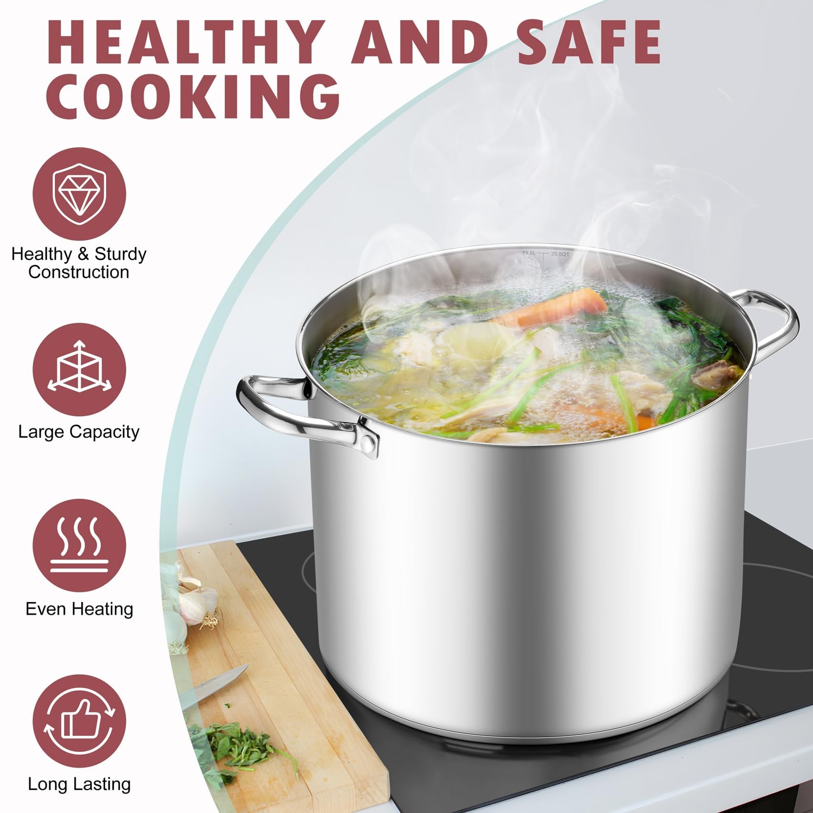 TeamFar 20QT Stock Pot, Stainless Steel Stockpot Large Induction Cooking Pot wit