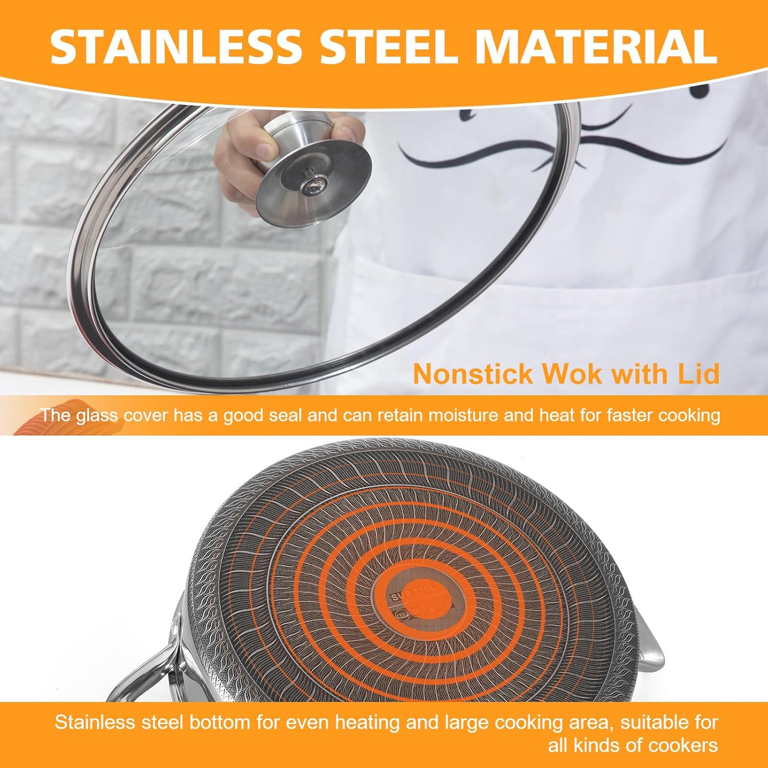 Stainless Steel Saute Pan 12 Inch Deep Frying Pan,5 Quarts Nonstick Skillet