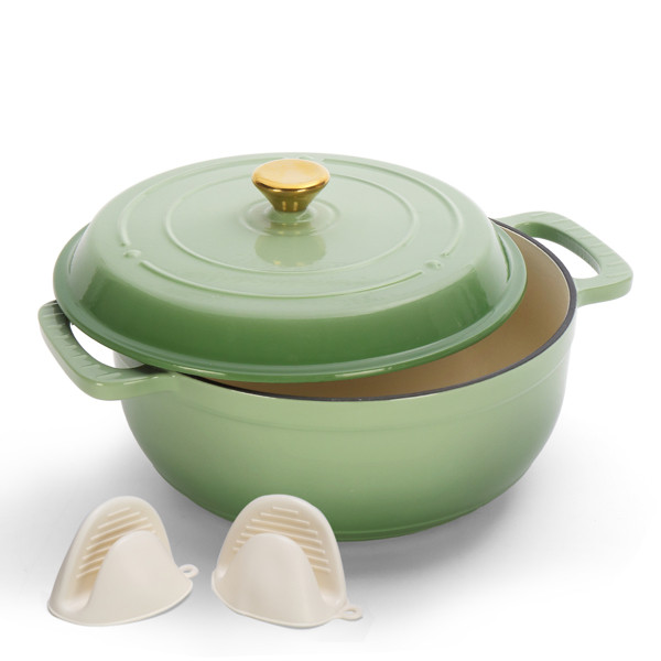 Cast Iron 5QT Cooking Pot Includes Two Silicone Gloves Enamel Pot Green