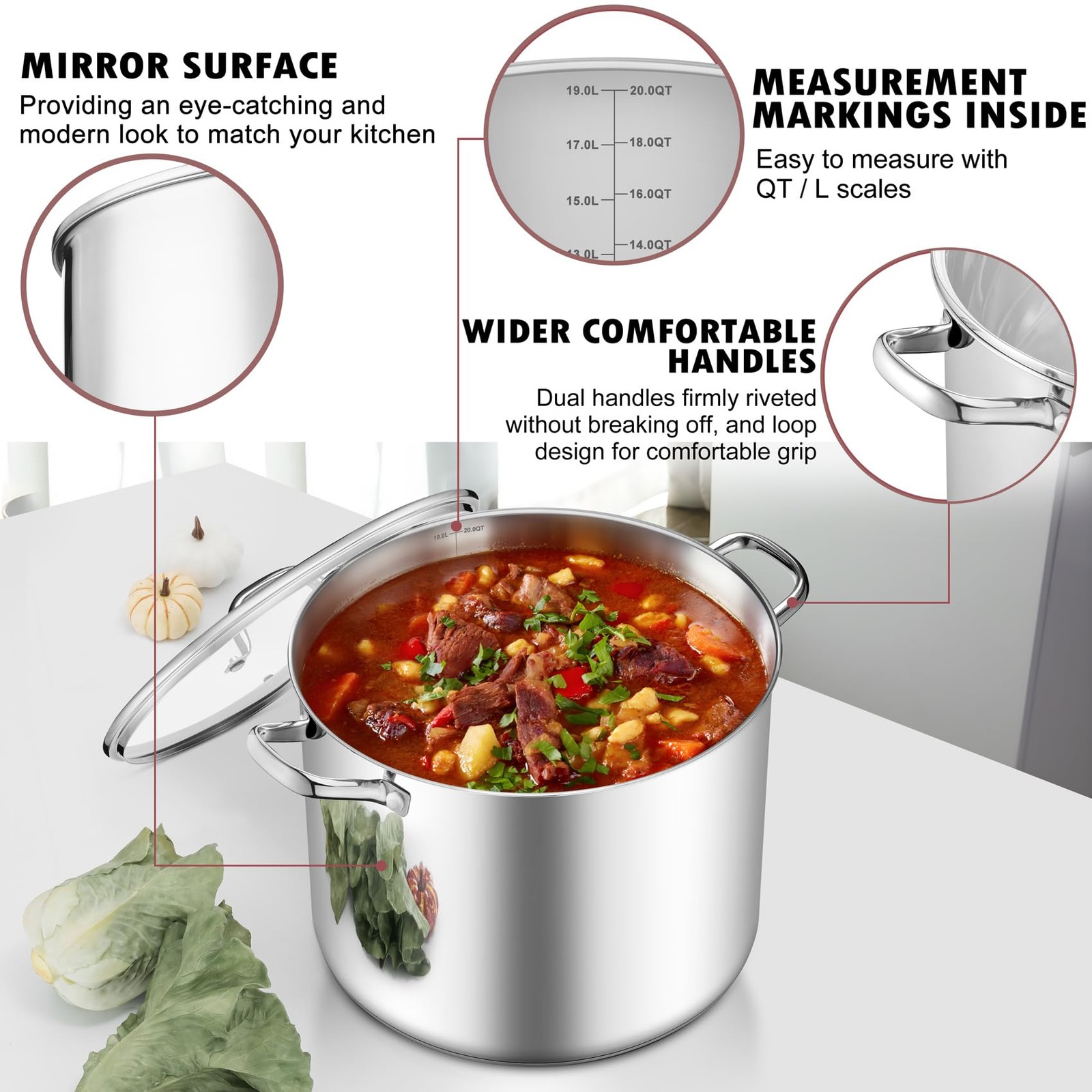 TeamFar 20QT Stock Pot, Stainless Steel Stockpot Large Induction Cooking Pot wit