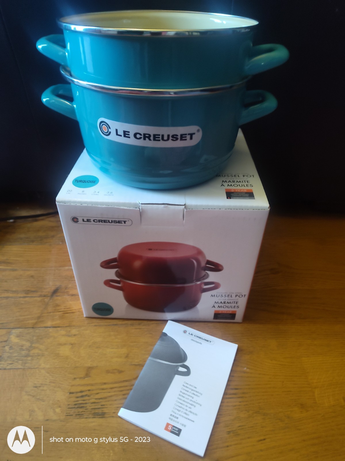 Le Creuset Mussel Pot / Steamer/ Double Boiler – NIB Turquoise 3.6 QT 3.4L, 8”