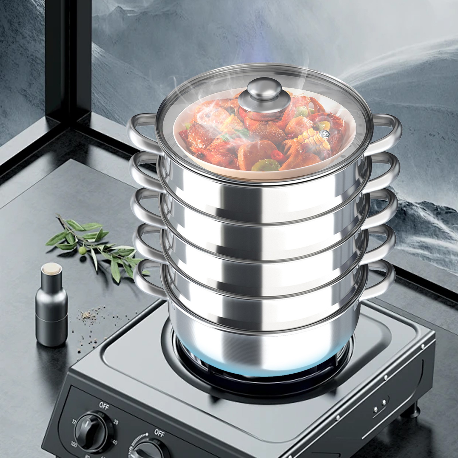 5-Layer Steam Cooker 30cm Stainless Steel Pot with Glass Lid Kitchen Use