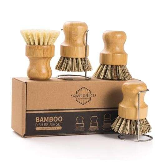 SAMEBUETCO 6-Piece Bamboo Dish Brush Set with 2 Stainless Steel Drying Racks,
