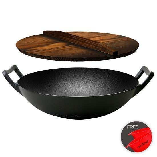 NutriChef Pre-Seasoned Cast Iron Wok w/ Wooden Lid – Non-Stick NCCIWOK60