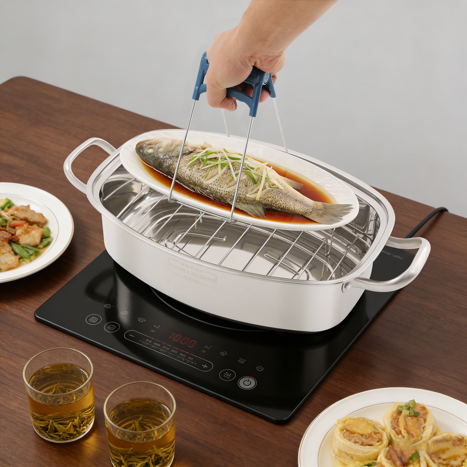 47cm Steamer for Cooking, 6L Stainless Steel Steamer Pot W/ Timer Gloves