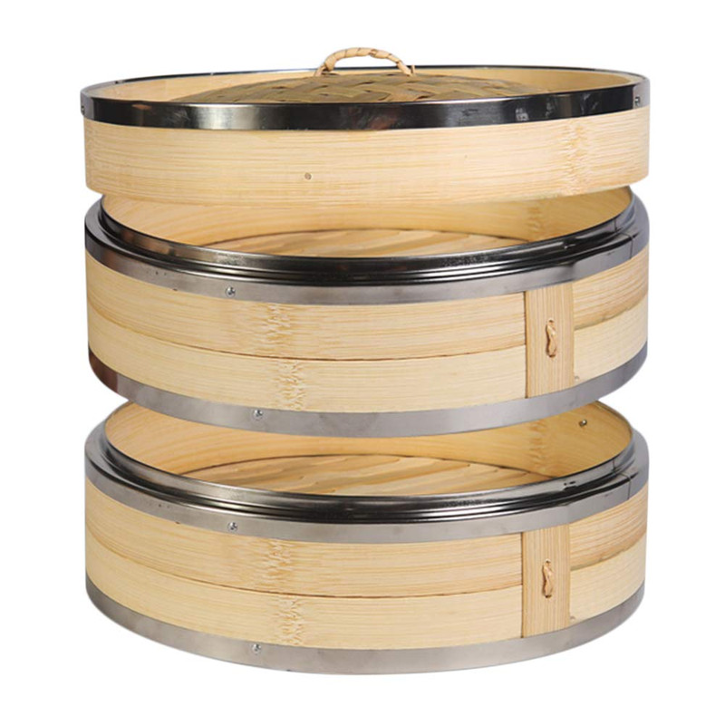 Hcooker 2-Tier Kitchen Bamboo Steamer Stainless Steel Rings For Asian Cooking