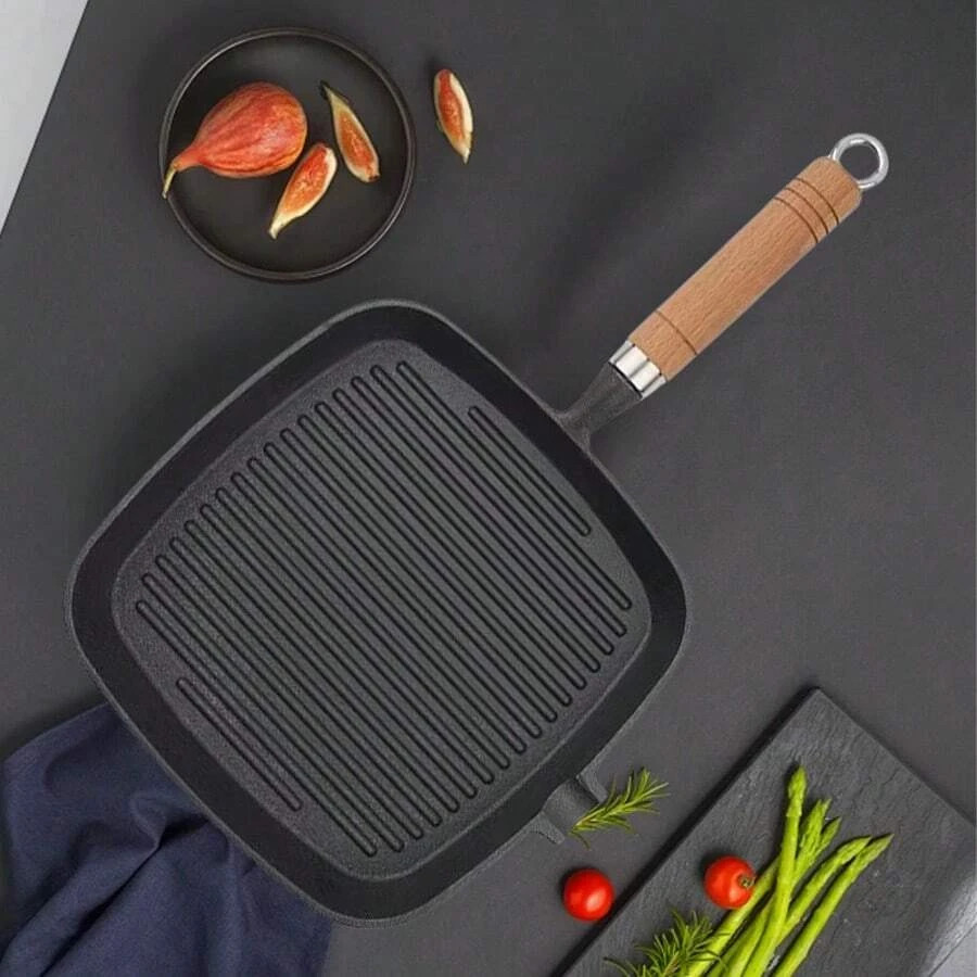 Cast Iron Grill Pan Steak Frying Skillet Wooden Handle BBQ Camping Kitchen